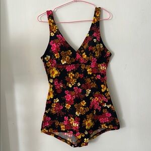 💕🌺Vintage One Piece Flower Print 60s Pink Floral Swimsuit Size 18